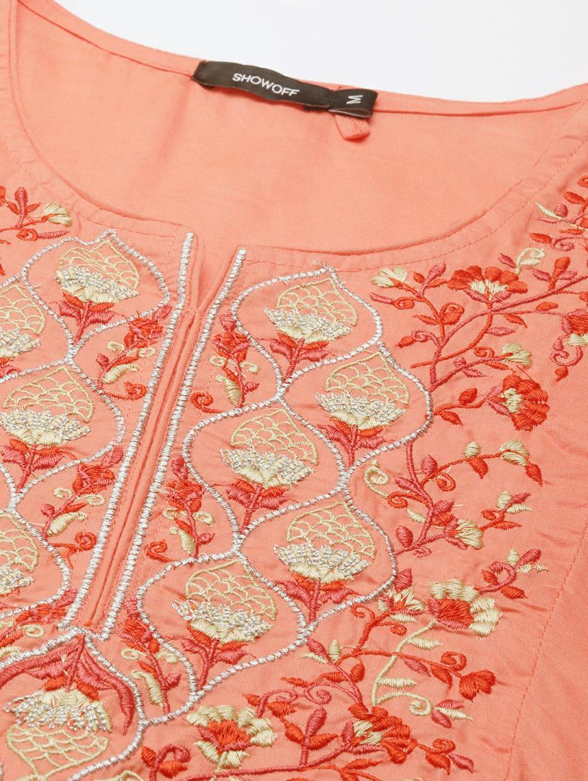 orange embroidered a-line kurta - 20252642 - Zoom Image - 6