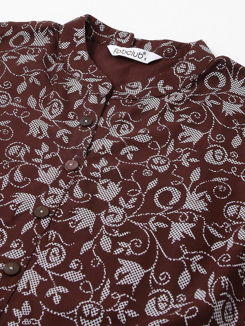 women brown mandarin neck a-line kurti - 20253135 - Standard Image - 5