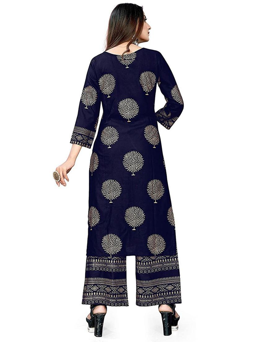 navy blue colored kurta palazzo set - 20255597 - Zoom Image - 2