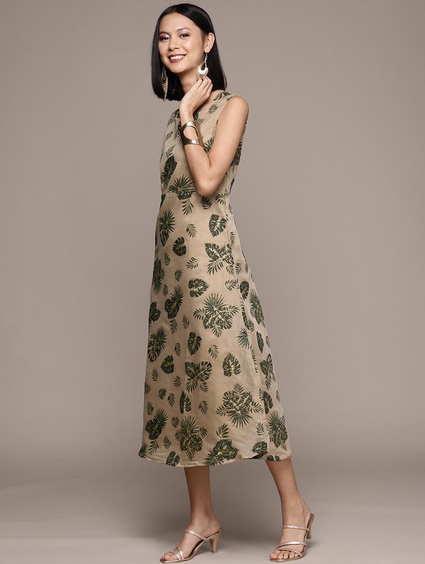 women khaki square neck a-line dress - 20312372 - Zoom Image - 2