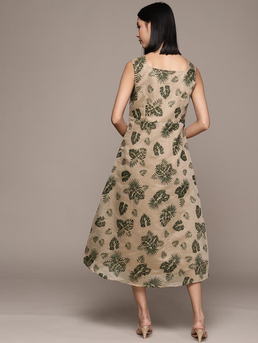 women khaki square neck a-line dress - 20312372 - Standard Image - 3