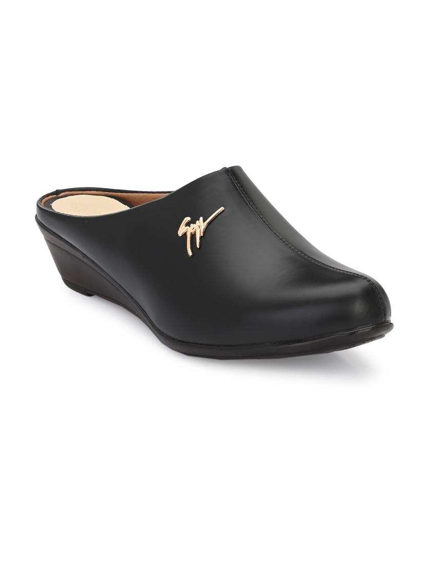 women solid black wedge heel mule - 20345141 - Standard Image - 2