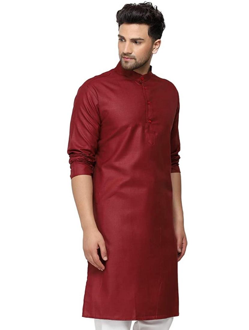 men solid maroon cotton blend long kurta - 20410235 - Zoom Image - 2