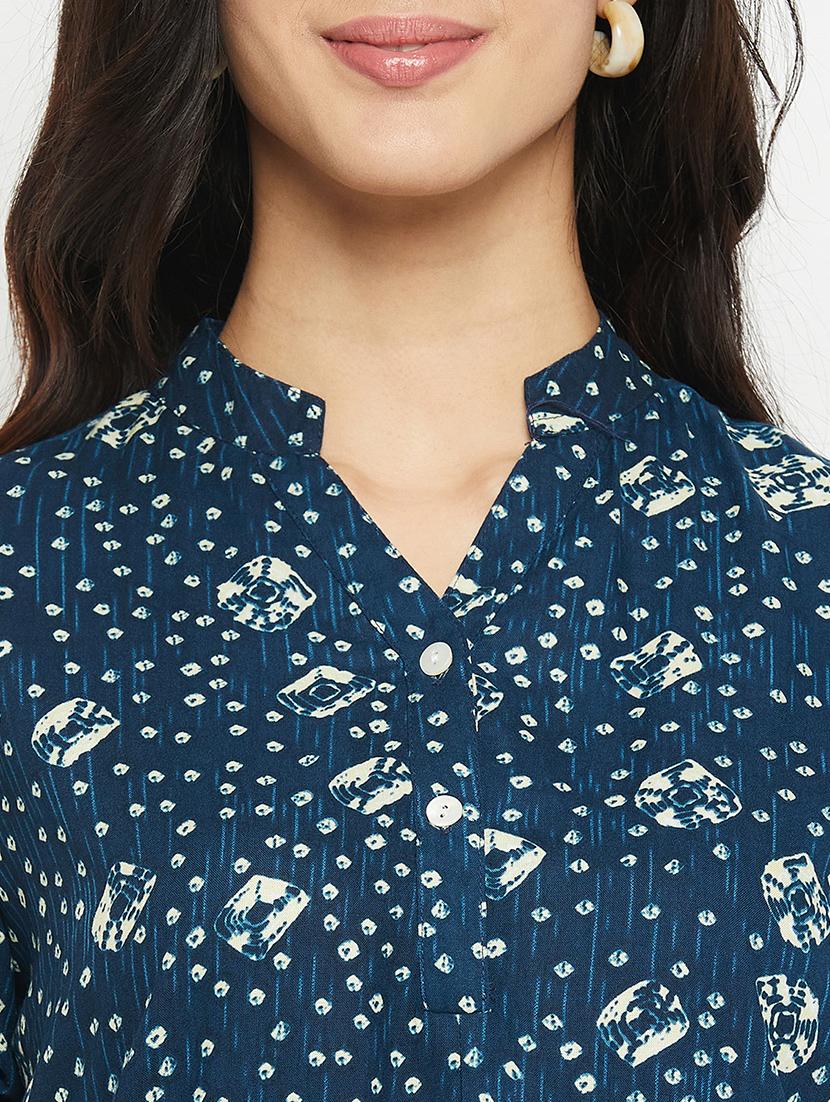 teal printed mandarin neck high low kurti - 20416046 - Zoom Image - 5