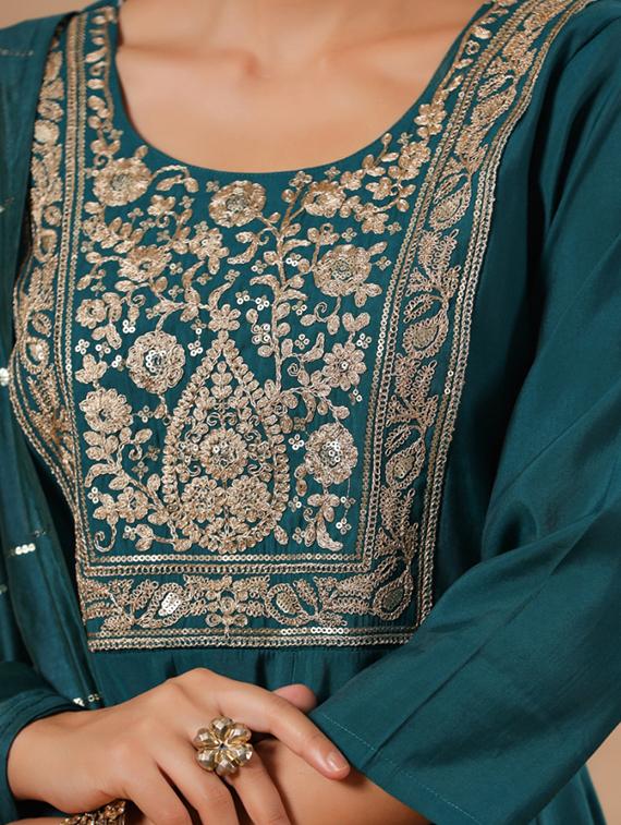 women teal round neck kurta pant set with dupatta - 20419140 - Standard Image - 3