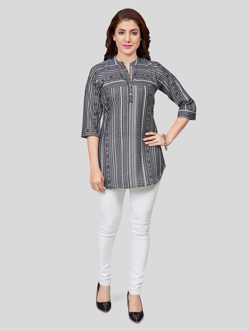women black & white mandarin neck a-line kurti - 20424778 - Zoom Image - 4