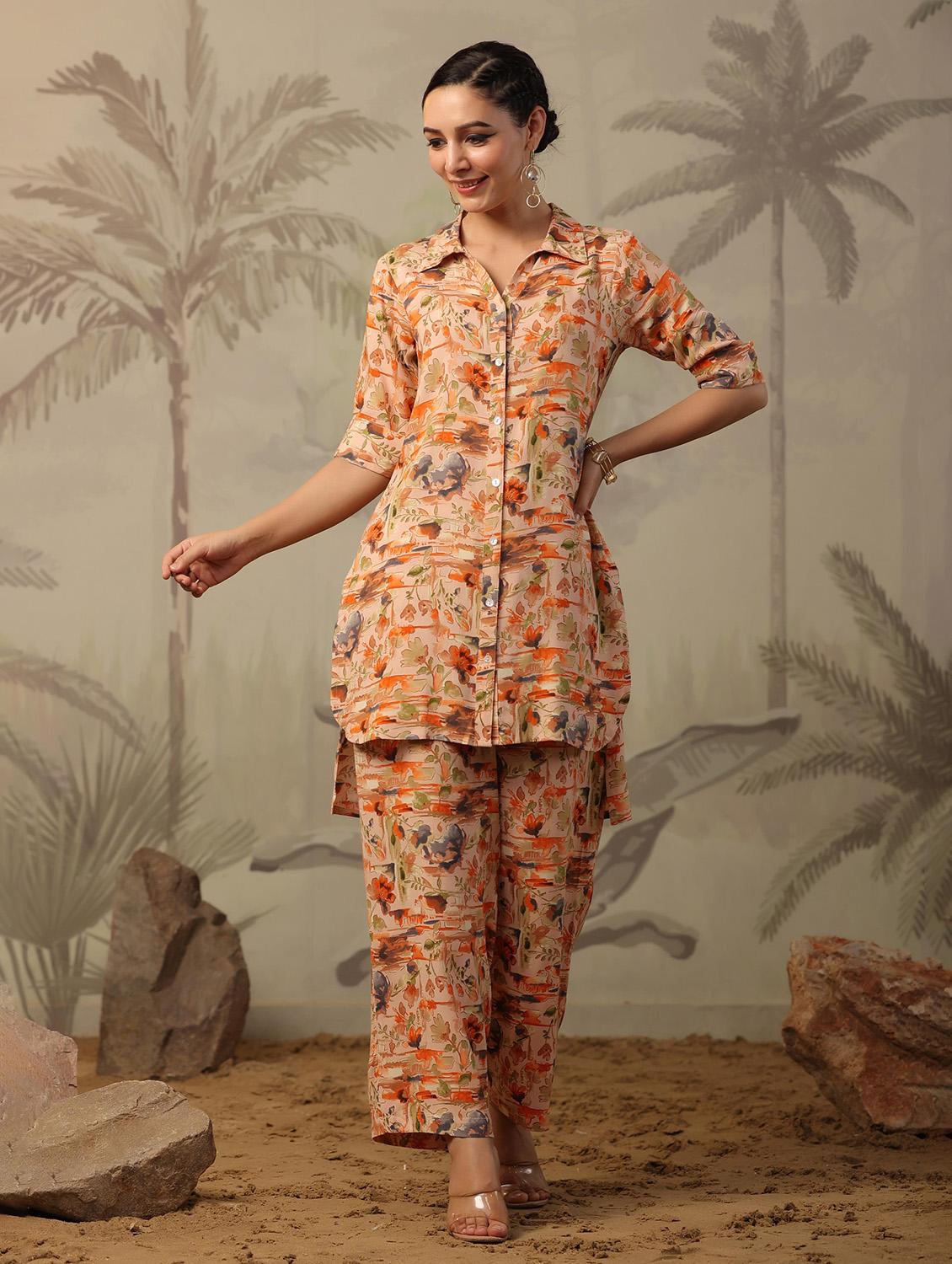 women peach floral printed shirt collar co-ord sets - 20458231 - Zoom Image - 2