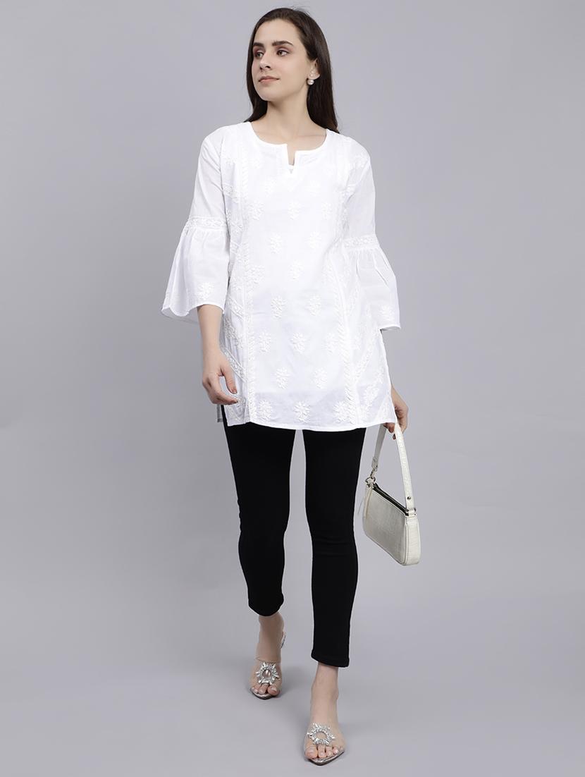 women notch neck chikankari kurti - 20486734 - Standard Image - 4
