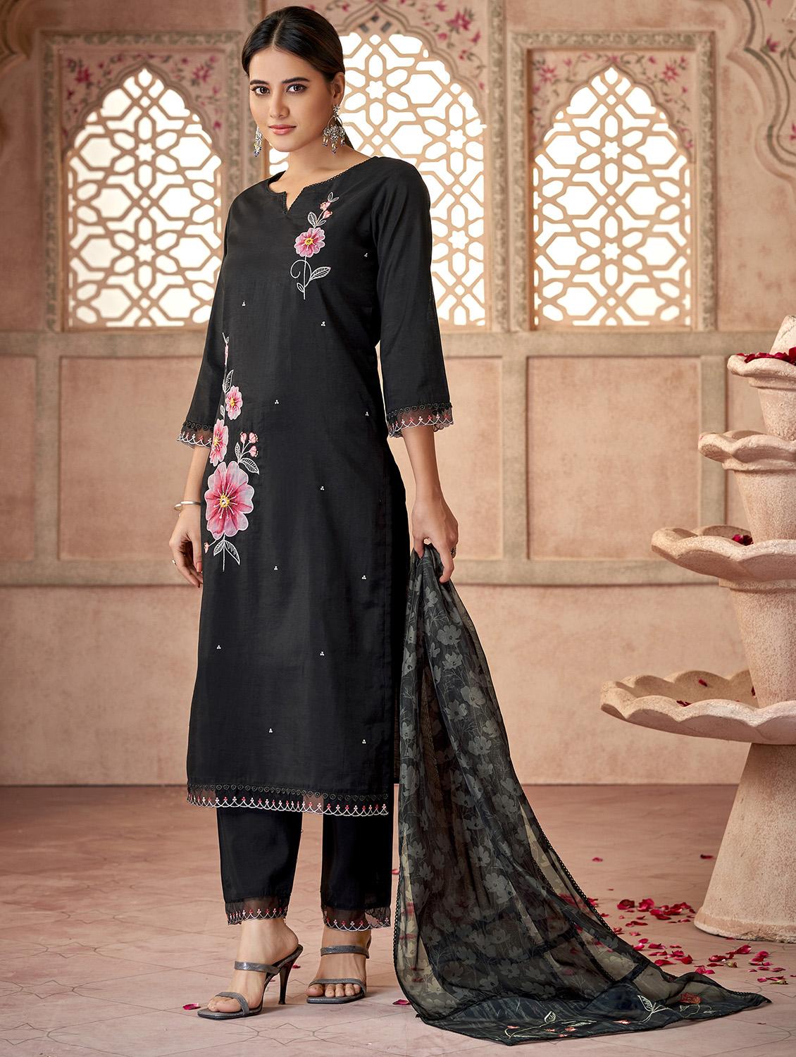 women black notch neck kurta pant set with dupatta - 20542119 - Zoom Image - 2