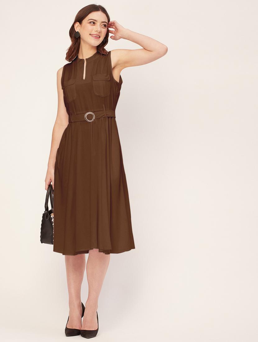 women solid mandarin neck belted dress - 20555414 - Standard Image - 4