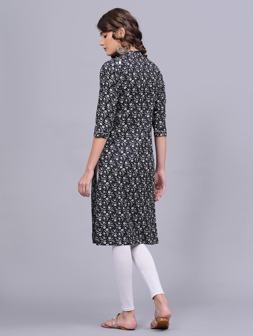 black floral print cotton straight kurta - 20594553 - Standard Image - 4