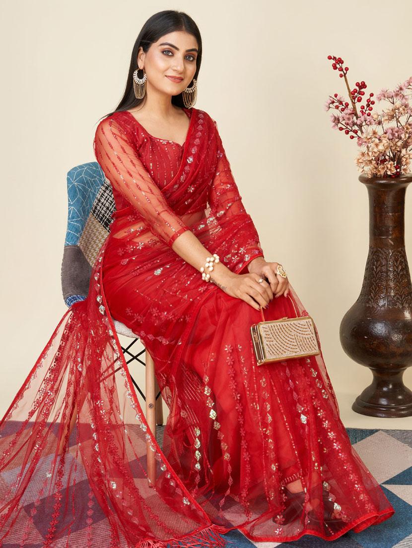 women red sequin work embroidered net saree with blouse - 20615759 - Zoom Image - 2