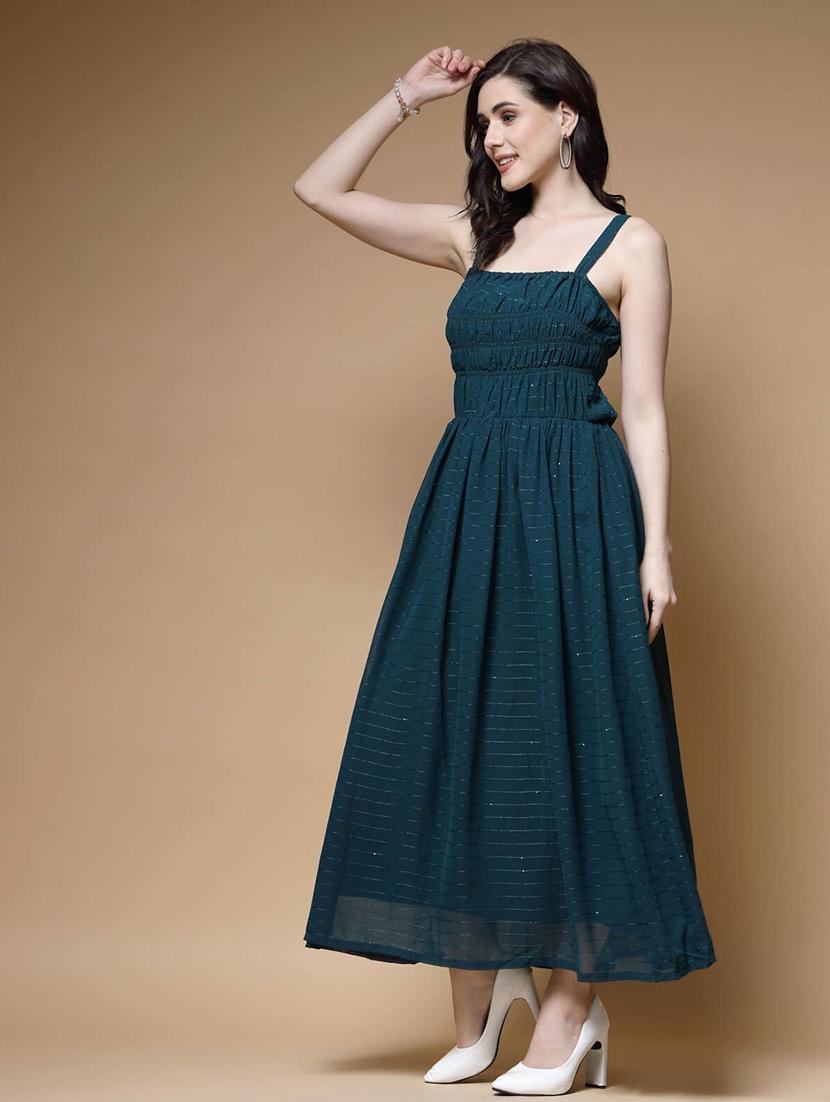 bottle green self design smocked maxi dress - 20644388 - Standard Image - 2
