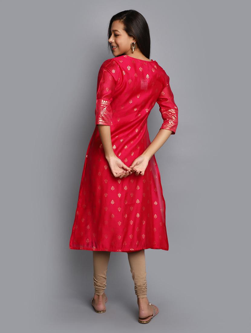 fuchsia three quarter sleeve layered kurta - 20686044 - Zoom Image - 3