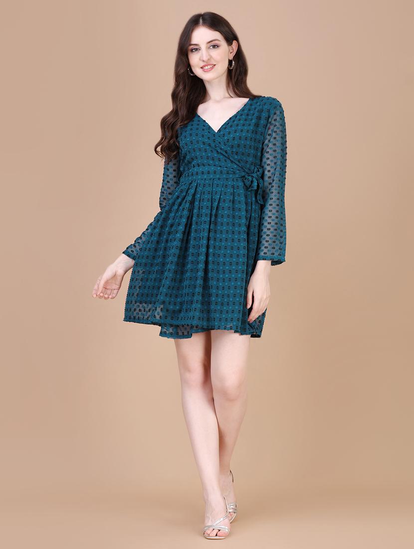 women teal long sleeve wrap dress - 20754572 - Zoom Image - 3