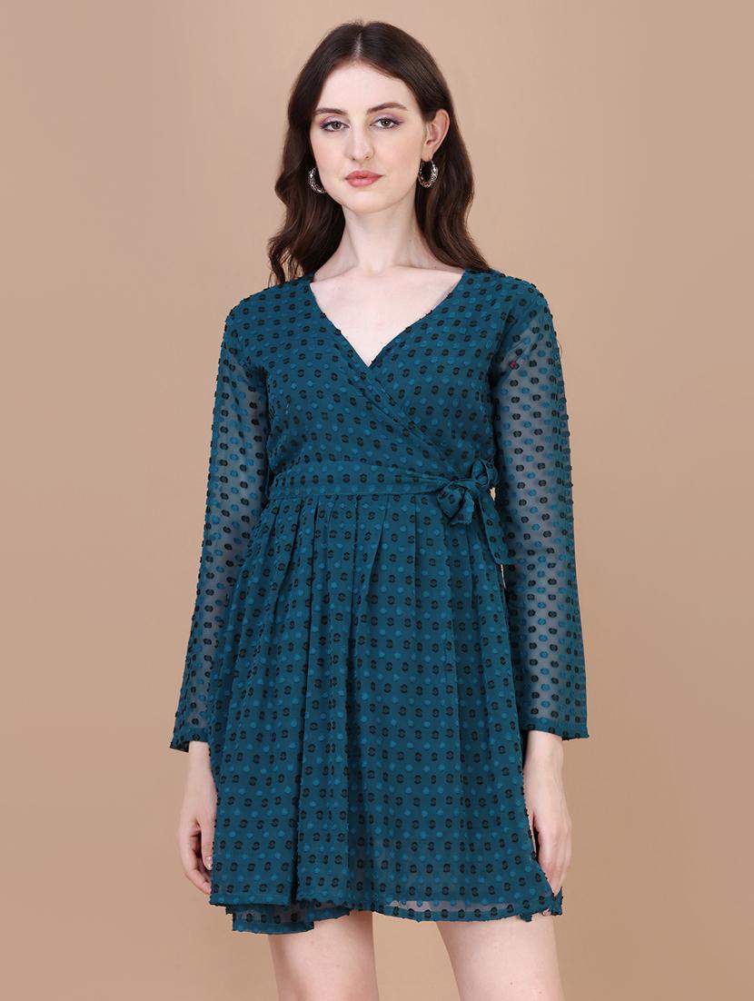 women teal long sleeve wrap dress - 20754572 - Zoom Image - 4