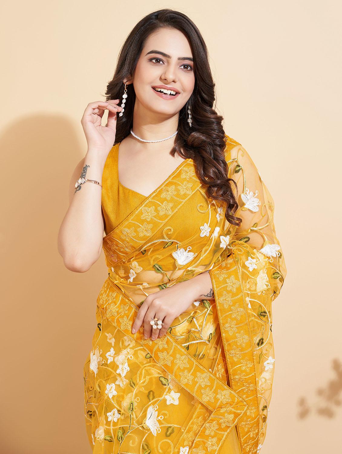 women yellow embroidered saree - 20882398 - Standard Image - 2