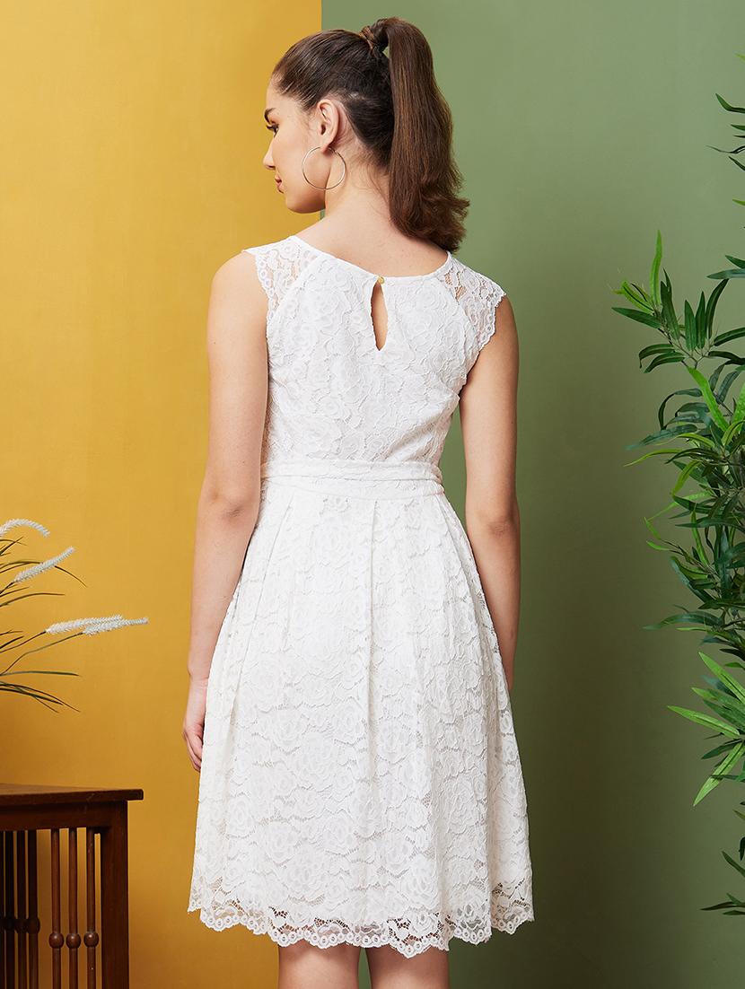 globus women white floral lace pleated belted fit & flare party dress - 21082056 - Zoom Image - 2