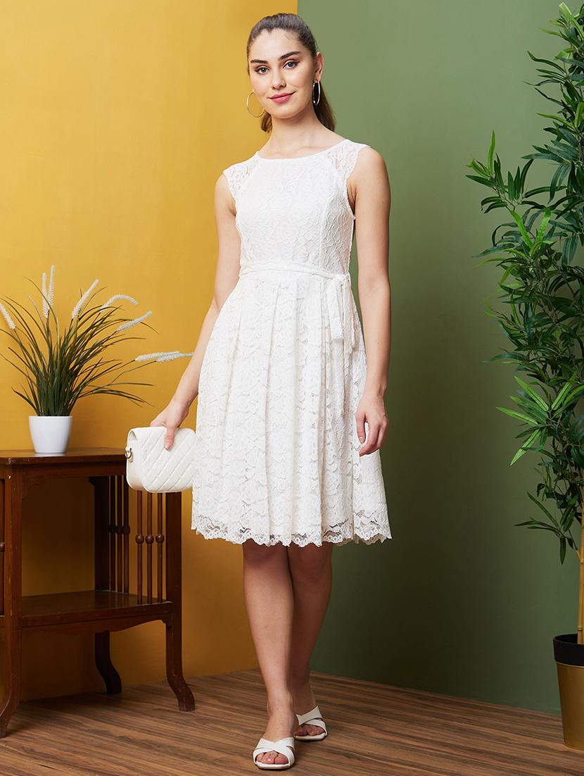 globus women white floral lace pleated belted fit & flare party dress - 21082056 - Zoom Image - 3