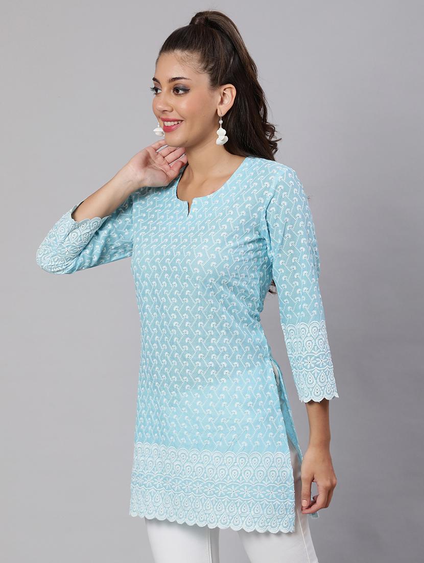 women three quarter sleeve notch neck kurti - 21103085 - Zoom Image - 2