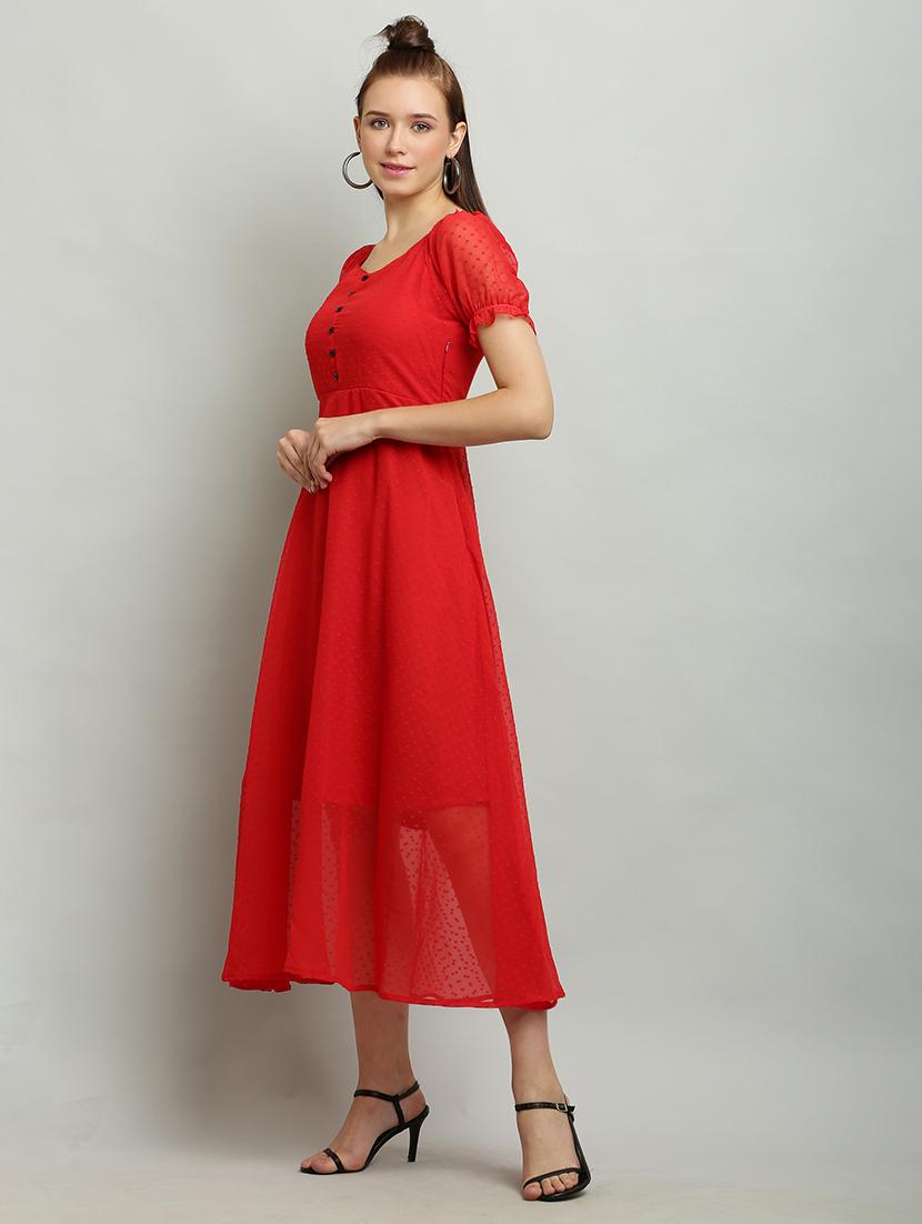 women solid puff sleeves a-line dress - 21130190 - Standard Image - 2