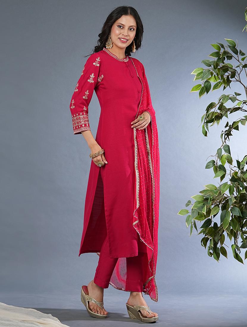 globus women pink embroidered sleeves straight workwear kurta with pants & sequinned dupatta set - 21305225 - Standard Image - 1