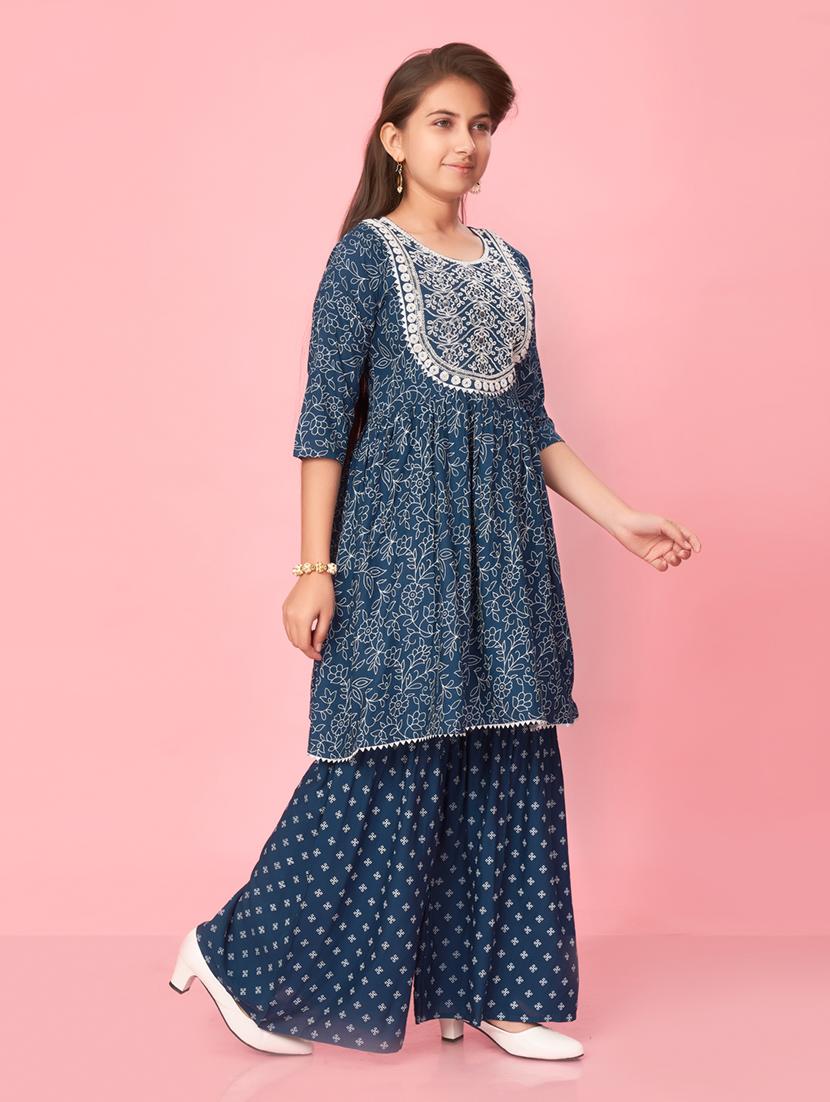 navy blue cotton kurta palazzo set - 21348901 - Zoom Image - 2