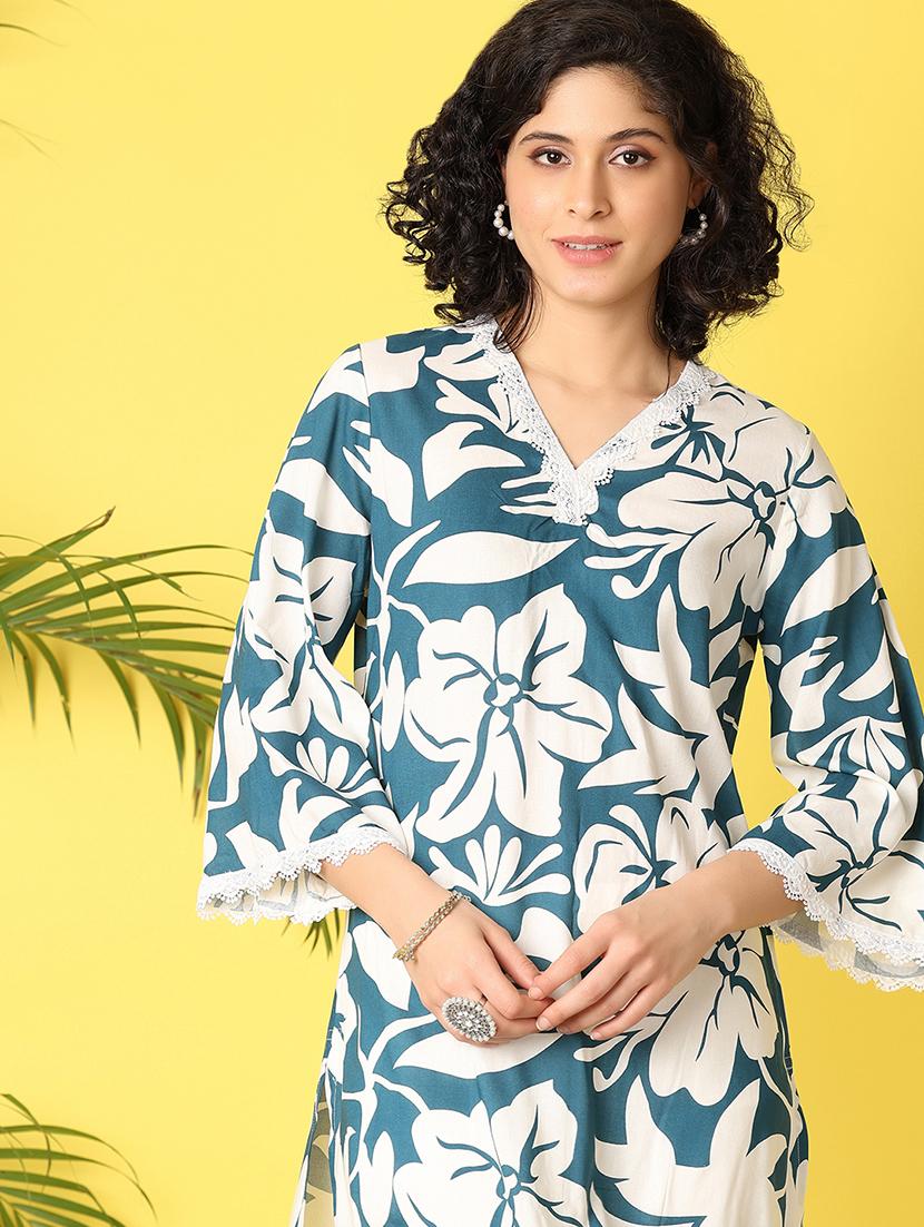 women blue floral printed straight kurta - 21368290 - Standard Image - 4