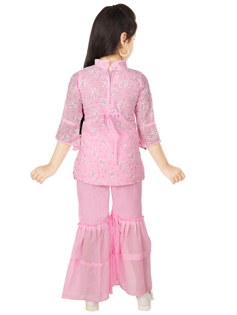 girls mandarin neck self-designed kurta sharara set - 21370216 - Zoom Image - 2