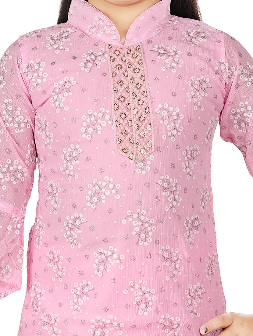 girls mandarin neck self-designed kurta sharara set - 21370216 - Standard Image - 3