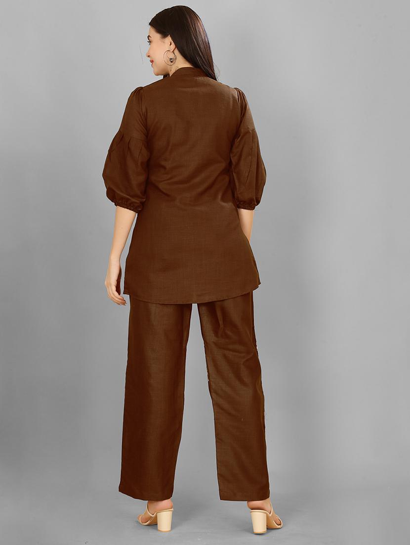 women coffee brown embroidered co-ord set - 21463350 - Standard Image - 3