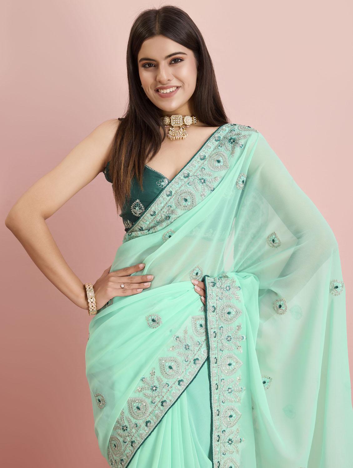women turquoise embroidered saree with blouse - 21481634 - Standard Image - 4