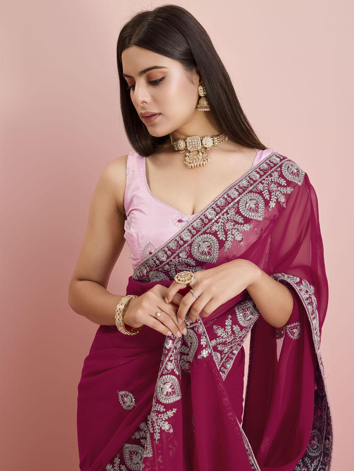 burgundy georgette embroidered saree with blouse - 21481635 - Zoom Image - 4