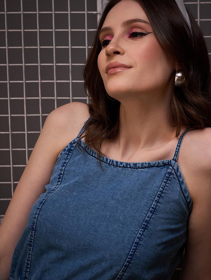 women blue denim knee length jumpsuit - 21499265 - Standard Image - 5