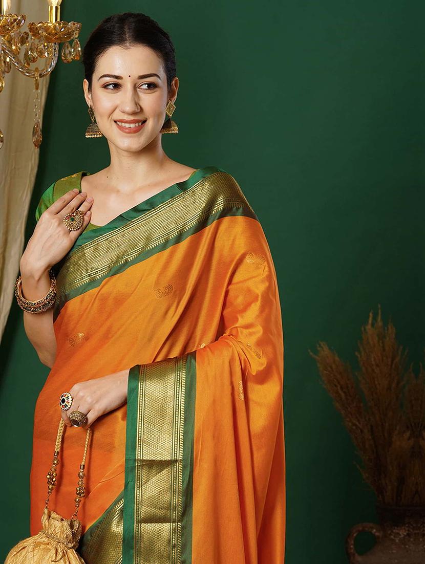 women orange self design zari bordered saree - 21520651 - Zoom Image - 3