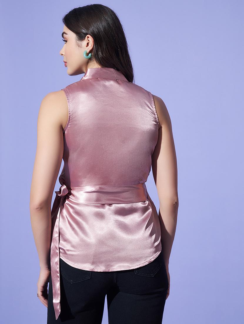 women solid pink wrap top - 21522756 - Standard Image - 3