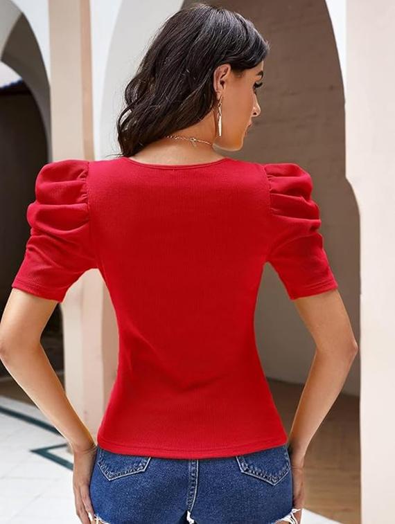 women solid round neck puff sleeves top - 21525199 - Standard Image - 4