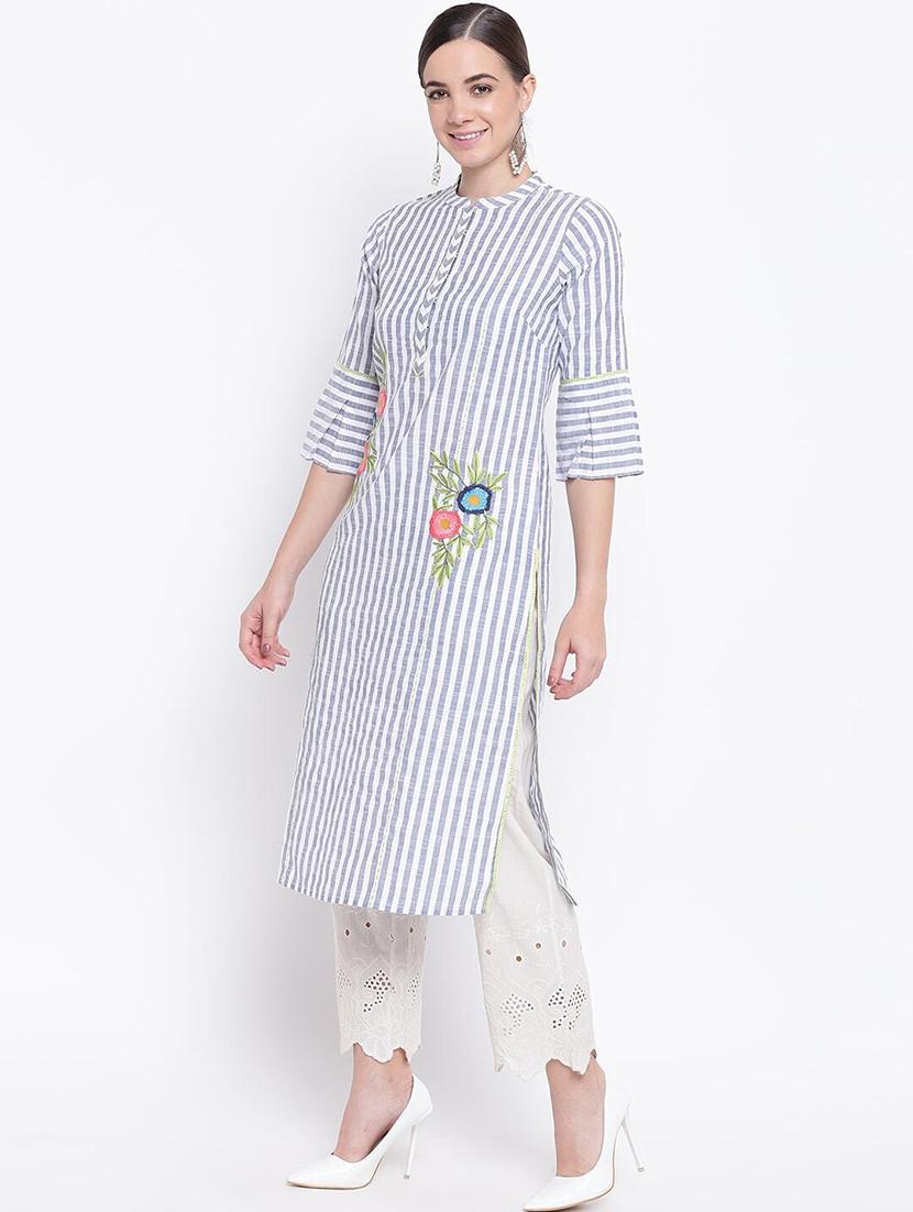 women grey stripes mandarin neck straight kurta - 21526003 - Zoom Image - 2