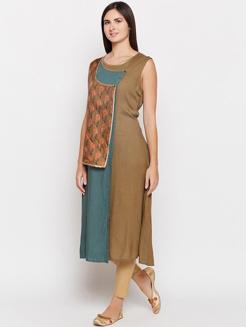 women color block round neck a-line kurta - 21526111 - Zoom Image - 1