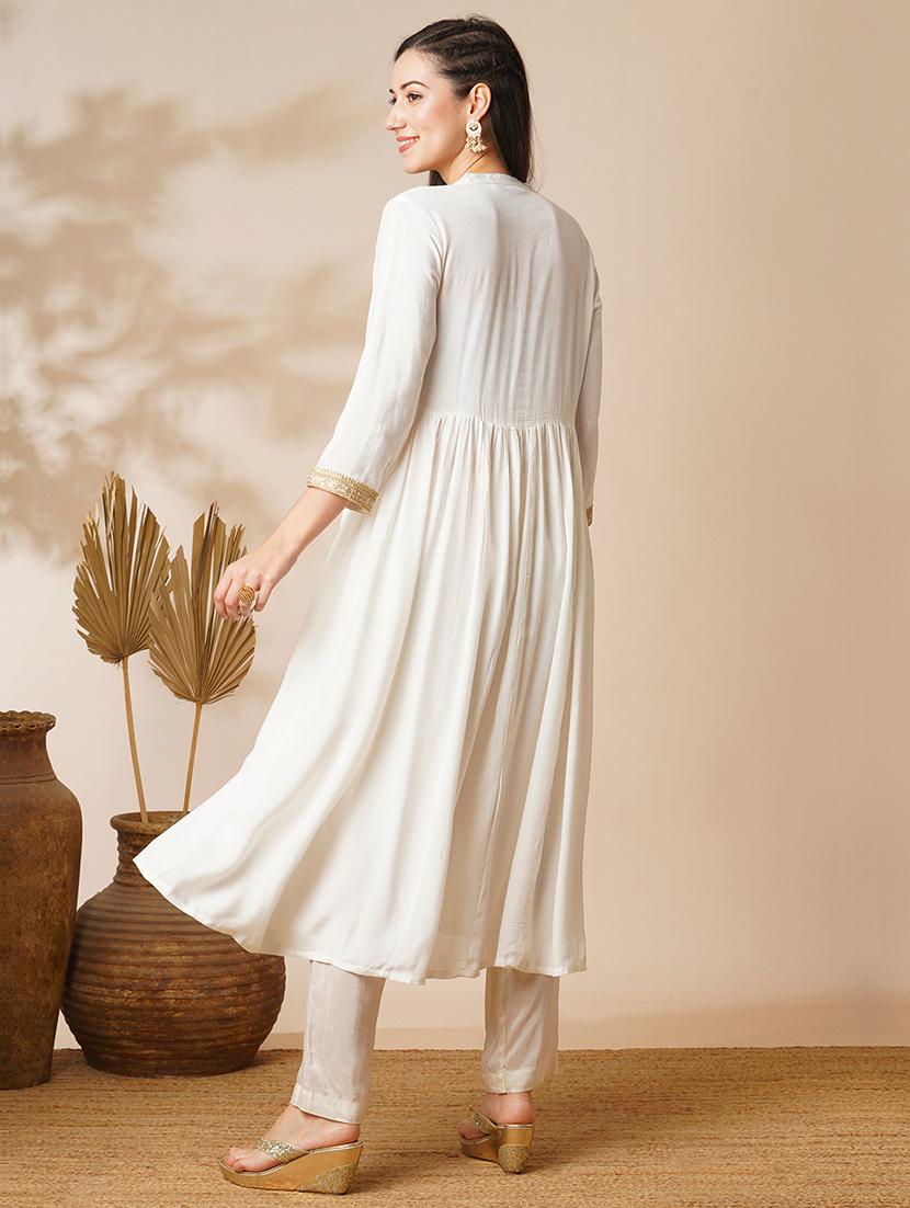 globus women off-white mandarin collar gotta lace yoke a-line calf length ethnic kurta - 21531826 - Standard Image - 2