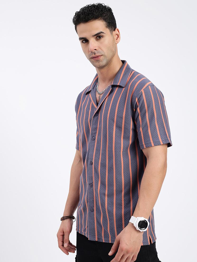 men loose fit striped cuban collar casual shirt - 21597546 - Zoom Image - 2