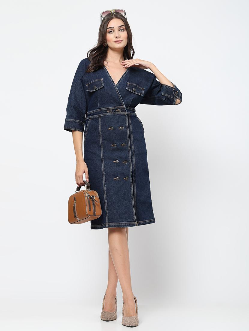 women navy blue denim a-line dress - 21630124 - Standard Image - 4
