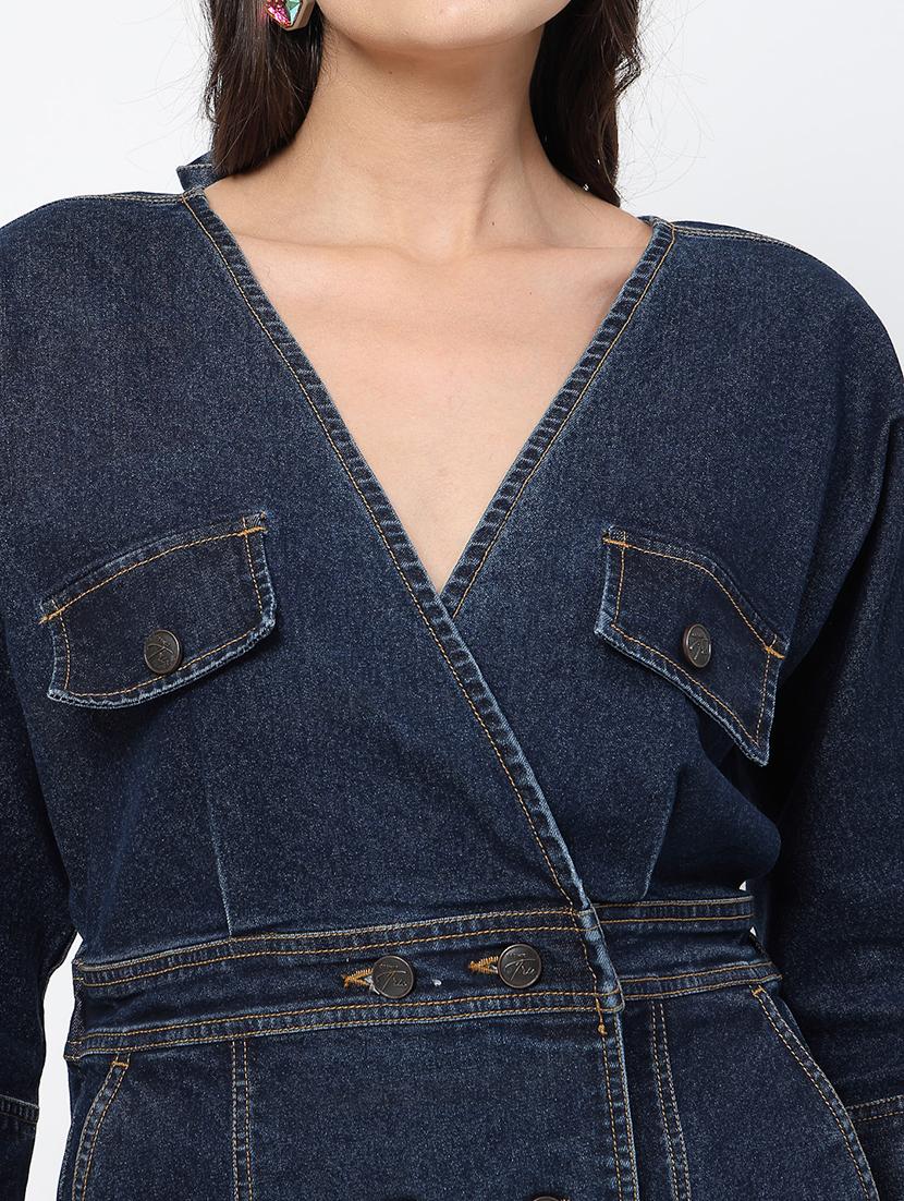 women navy blue denim a-line dress - 21630124 - Standard Image - 5