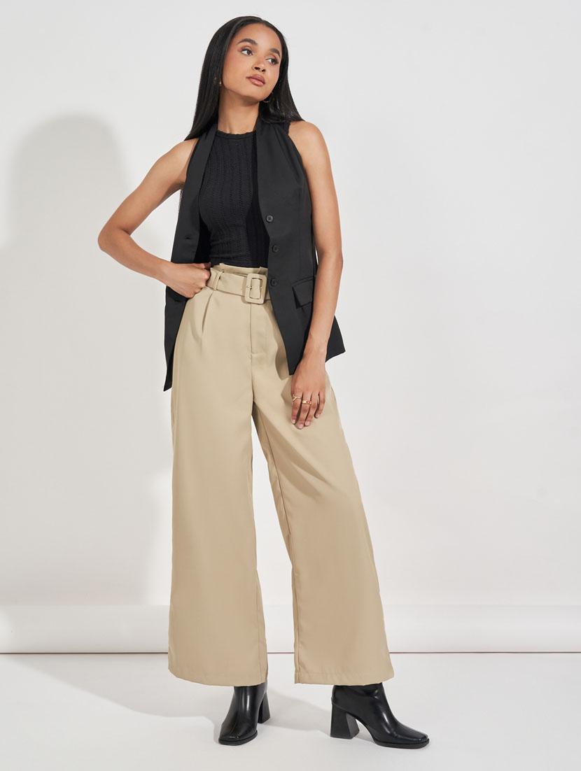 women beige solid wide leg trousers - 21632015 - Standard Image - 2