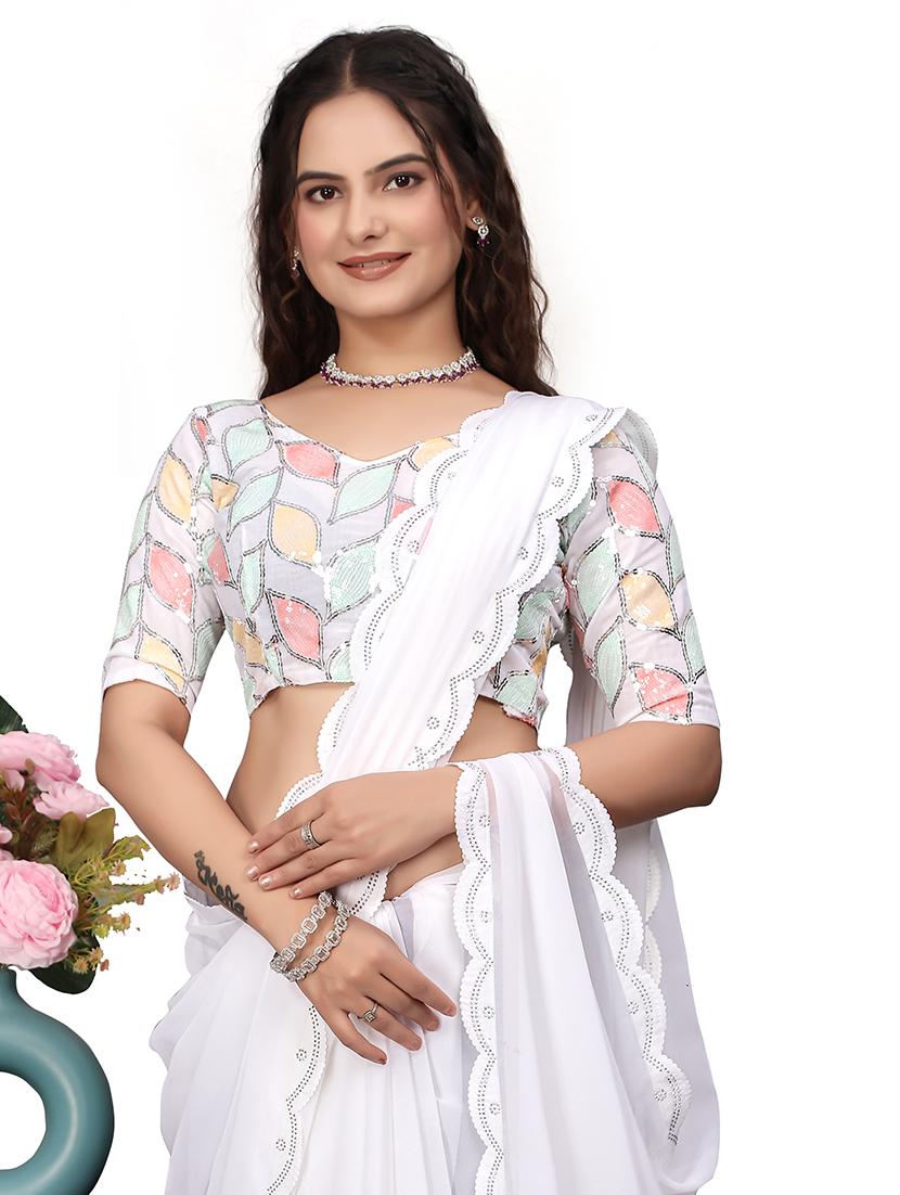 women white embellished saree with blouse - 21659983 - Standard Image - 3