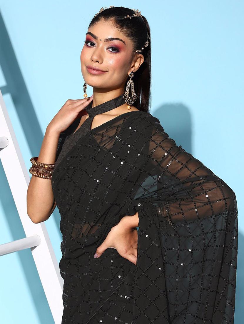 women black sequin work party wear saree with blouse - 21742658 - Standard Image - 2